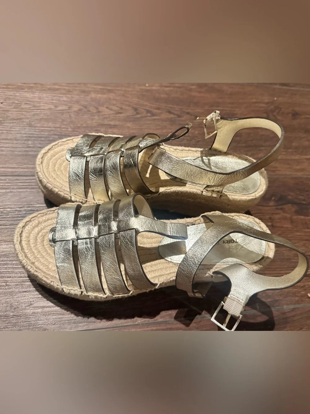Tory Burch Fisherman Leather Metallic Gold Espadrille Platform wedges sandals 7M